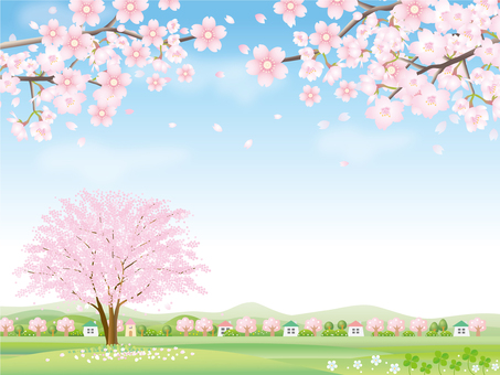 桜咲く丘の風景イラスト - No: 1401276／無料イラストなら「イラストAC」