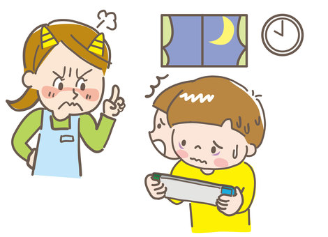 ゲームをする子供と叱る母親イラスト - No: 1873220／無料イラストなら「イラストAC」