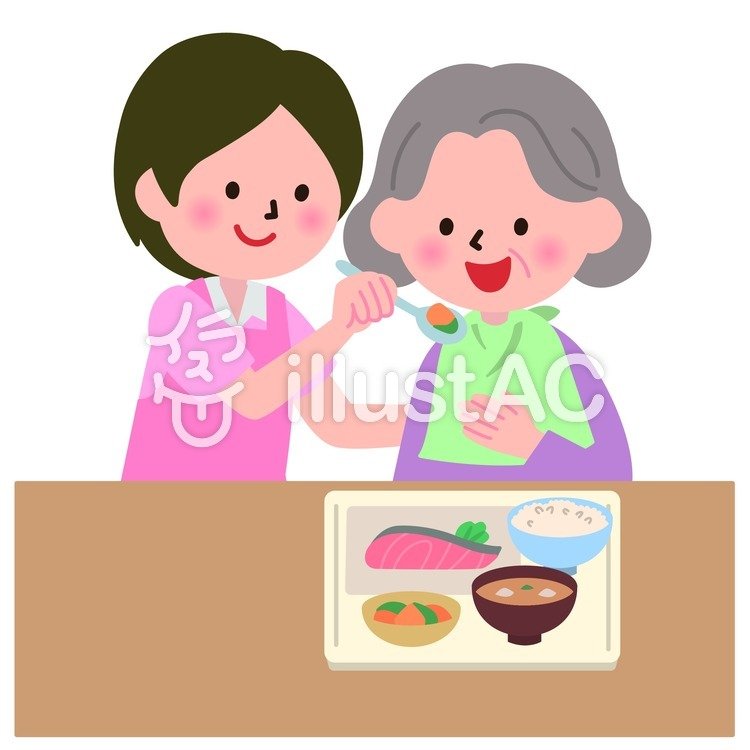 おばあさんの食事を手伝う介護職員 おばあさんの食事を手伝う介護職員のイラスト