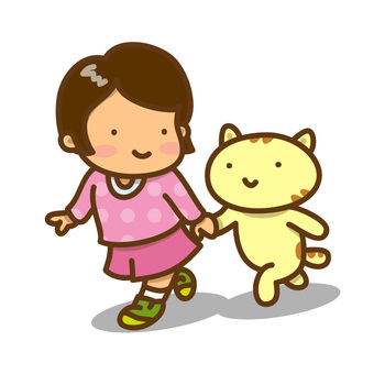 一只猫和一个女孩走友好的插图