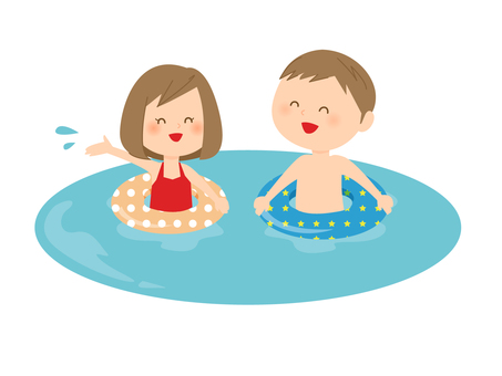 children swimming with floating rings