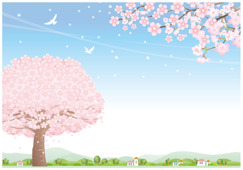 桜咲く丘の風景イラスト - No: 1401276／無料イラストなら「イラストAC」