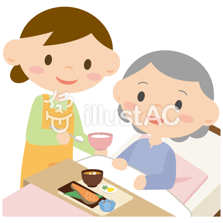 ベッドで食事をする女性と介助する女性2 ベッドで食事をする女性と介助する女性2のイラスト