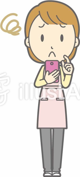 エプロン主婦-スマホ困る-全身 エプロン主婦-スマホ困る-全身のイラスト