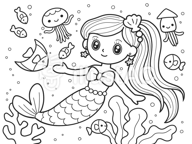 マーメイド ぬりえイラスト - No: 2079199／無料イラストなら「イラストAC」