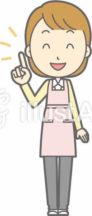 エプロン主婦-指差しニコニコ-全身 エプロン主婦-指差しニコニコ-全身のイラスト