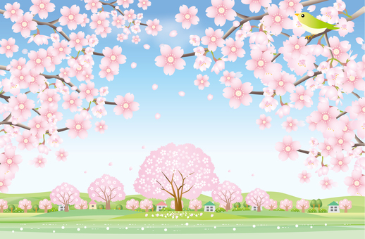 桜咲く丘の風景イラスト - No: 1401276／無料イラストなら「イラストAC」