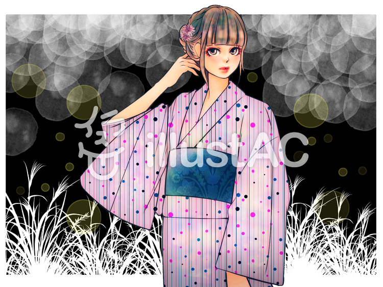 すました浴衣美少女【蛍背景】 すました浴衣美少女【蛍背景】のイラスト