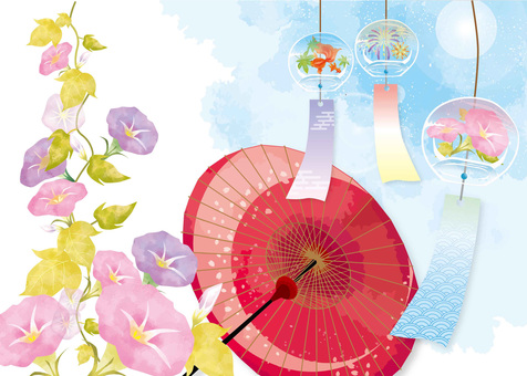 Wind chimes, Japanese umbrellas and morning glory Wind chimes, Japanese umbrellas and morning glory