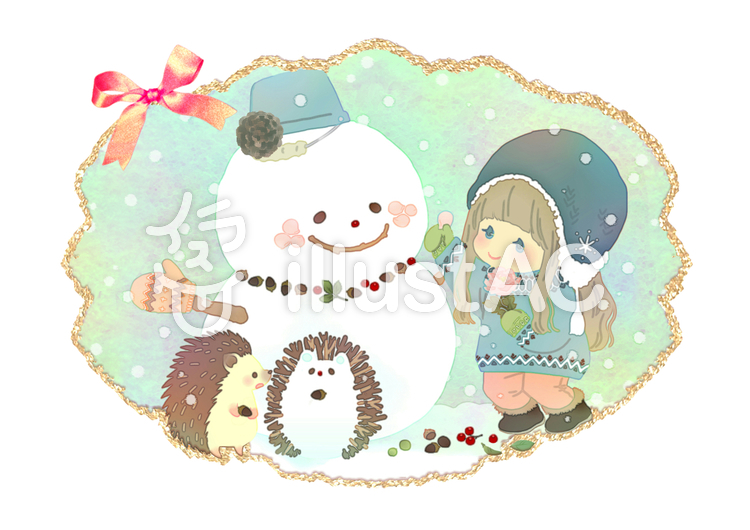 ハリネズミと雪だるまと女の子 ハリネズミと雪だるまと女の子のイラスト