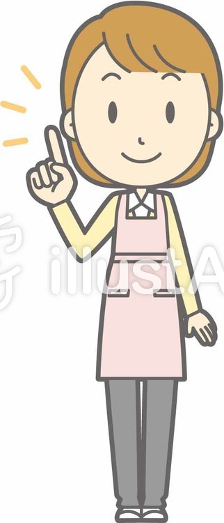 エプロン主婦-指差し笑顔-全身 エプロン主婦-指差し笑顔-全身のイラスト