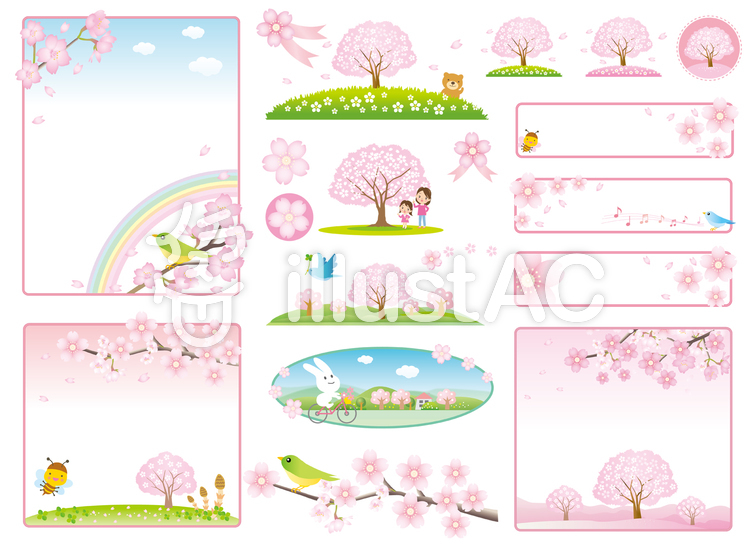 桜のフレームと風景のセット 桜のフレームと風景のセットのイラスト