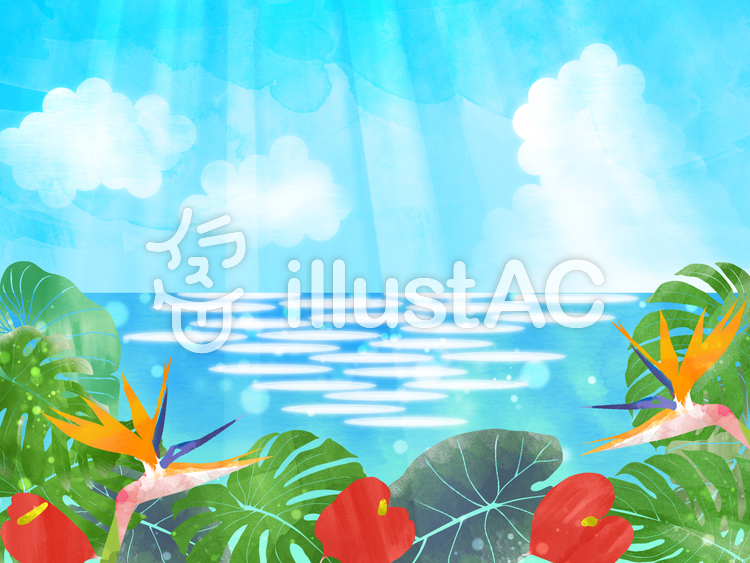 【フリーイラスト素材】熱帯植物と海(横)